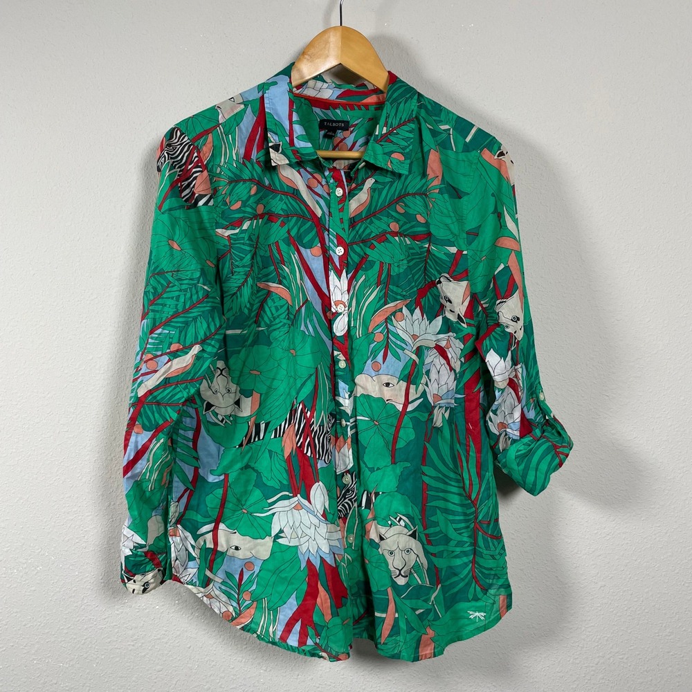 Talbots Jungle Shirt Womens L Colorful‎ Roll Tab Cotton Safari Coastal Exoctic